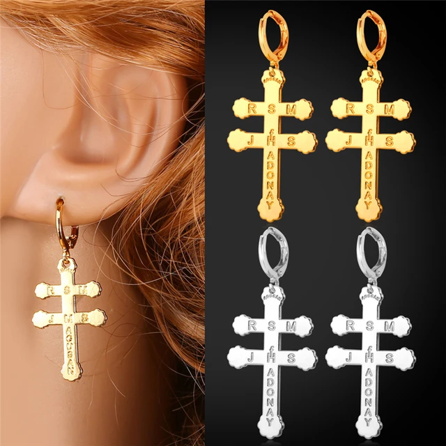 Men's 14K Gold Sterling Silver Hanging Iced Cross Dangle Huggie Hoop  Earrings | eBay