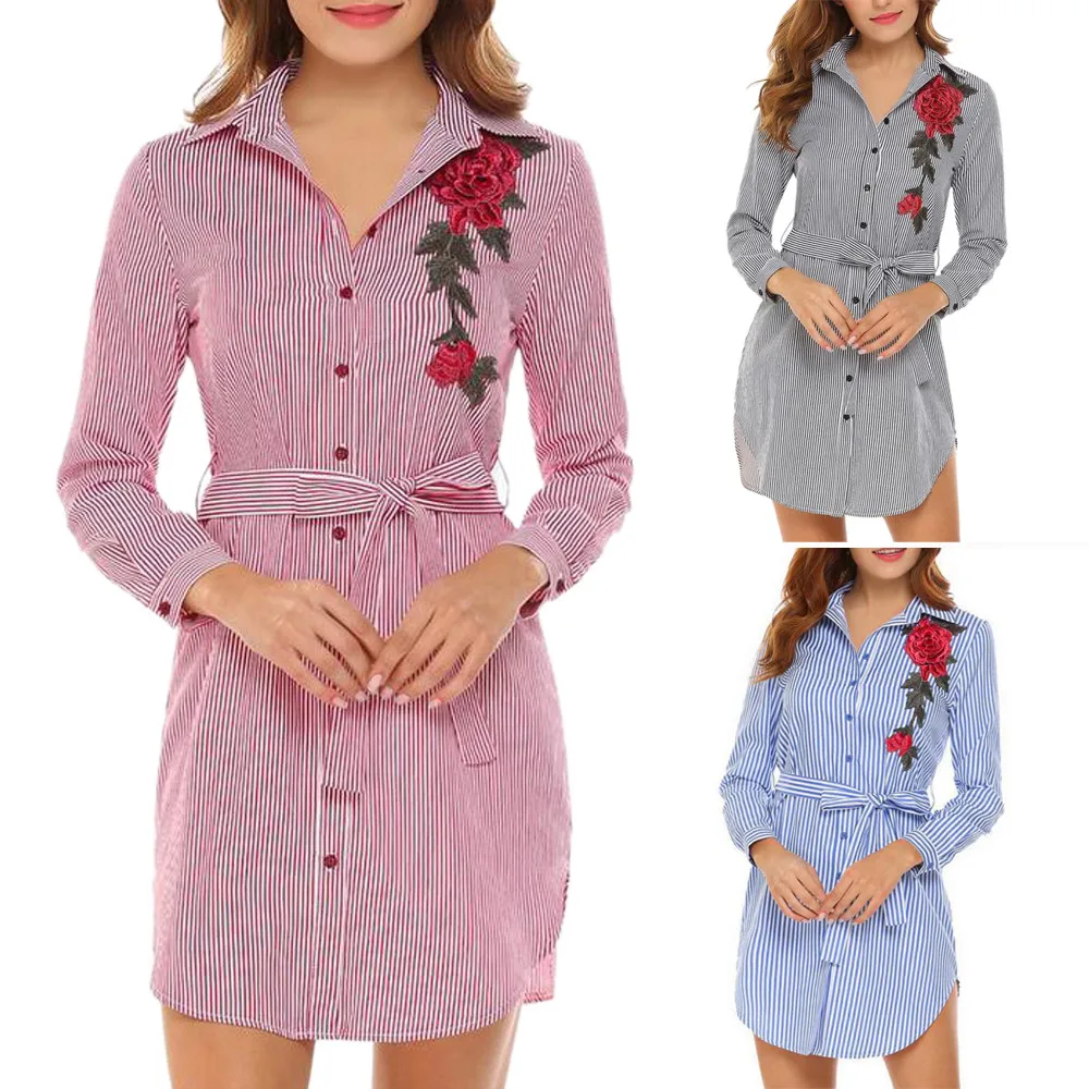 

2019 Women Mini Dress Turn-down Collar Striped Embroidery Patchwork Dress Ladies Casual Bandage Ribbons Mini Dress vestido