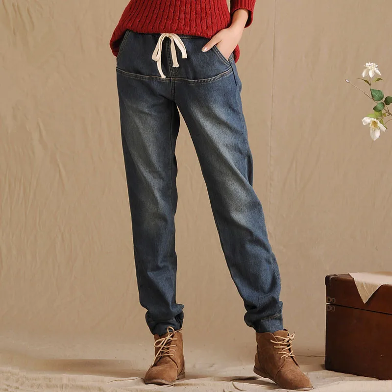 Kopen Elastische Taille Winter Jeans Broek Losse vrouwen Harembroek Broek Plus Dik Fluwelen Warme Straight Denim Jeans Leggings C1505