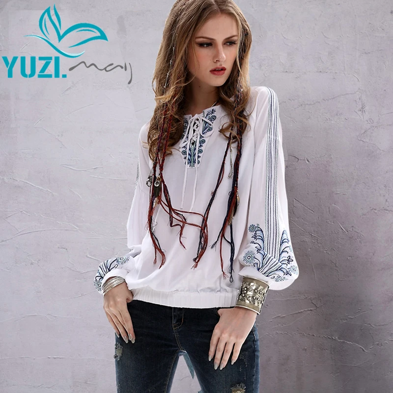 

Summer Style Women Blouse 2017 Yuzi.may Vintage New Cotton Linen Blouses Ethnic V-Neck Lantern Sleeve B9517 blusa feminina
