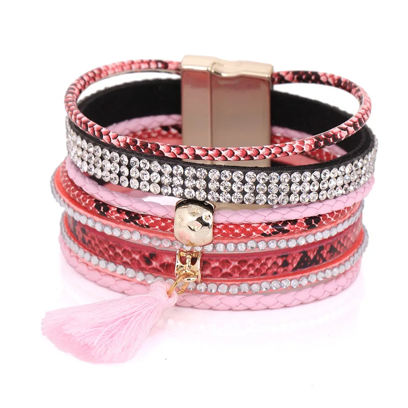 braided leather bracelets with rhinestone pave fashion charm womens