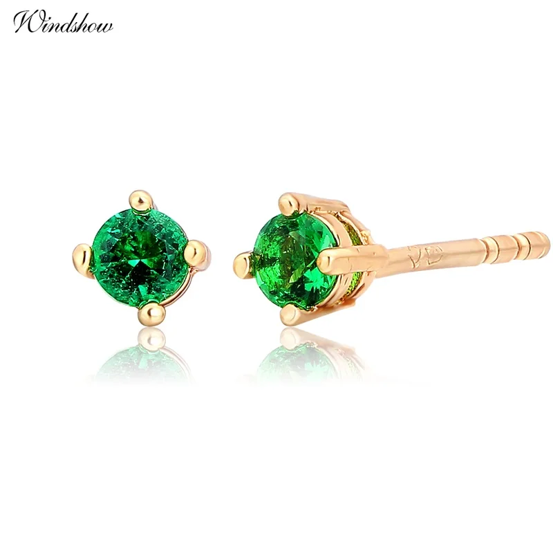 

Slim Yellow Gold Color Four Claw Round Green CZ Mini Small Stud Earrings For Women Kids Girls Child Piercing Jewelry Aros 4mm