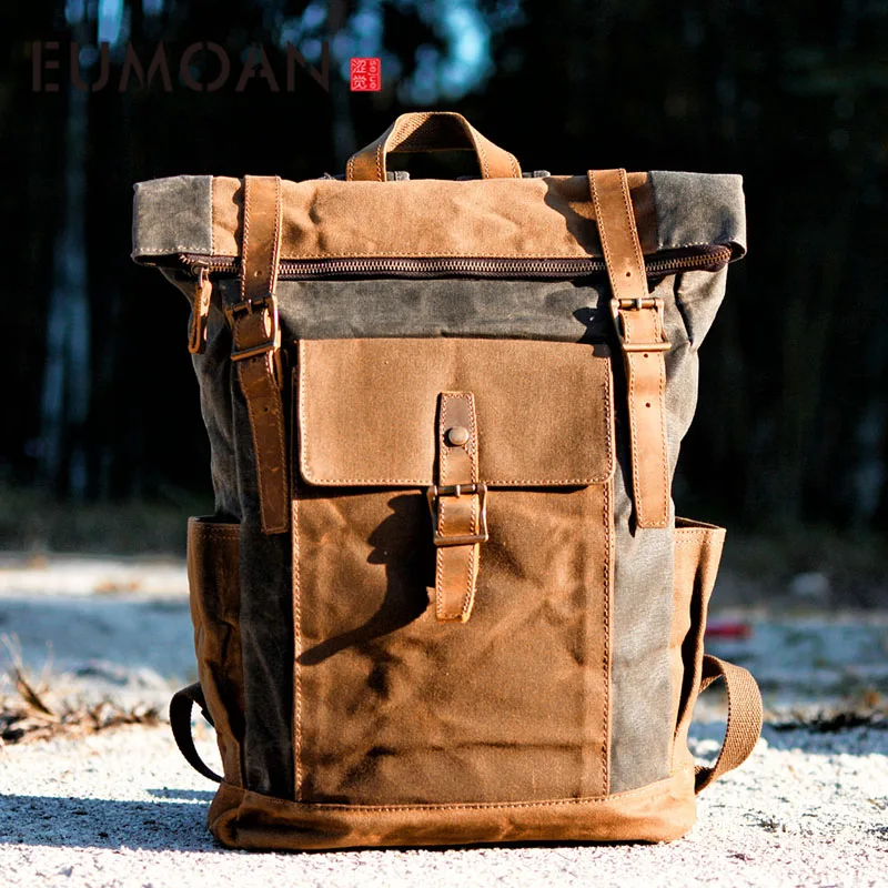 

EUMOAN College Wind man retro square canvas travel bag, vertical double shoulder zipper shoulder bag, computer shoulder backpack