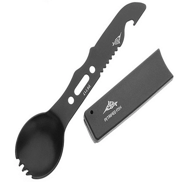 Horquilla de titanio multifuncional 7in1, cuchara, raspador de escamas de pescado, abridor de botellas, lanza, silbato vajilla de Camping cubertería sacacorchos