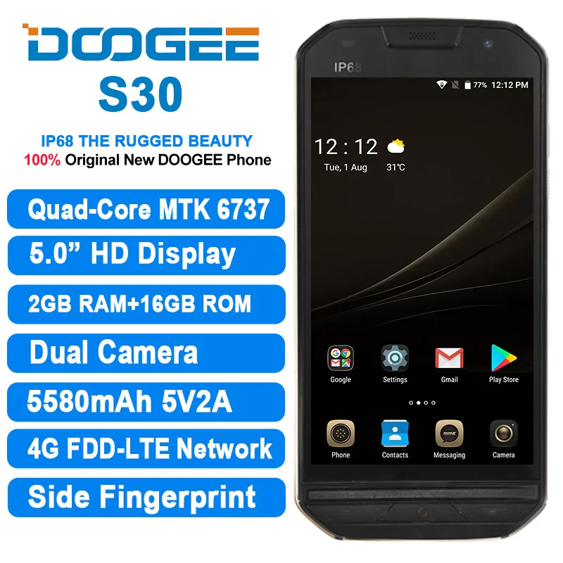 IP68 level DOOGEE S30 Smartphone Side Fingerprint 2GB 16GB Dual Camera 5580mAh 5V/2A Quick Charge 5.0\ IP68 level DOOGEE S30 Smartphone Side Fingerprint 2GB 16GB Dual Camera 5580mAh 5V/2A Quick Charge 5.0\
