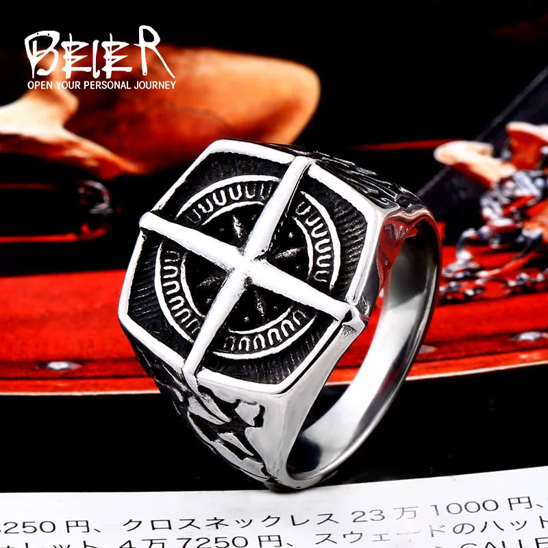

Beier new store 316L Stainless Steel Viking pirate men's ring nautical cross compass fashion jewelry for dropshipping LLBR8-108R