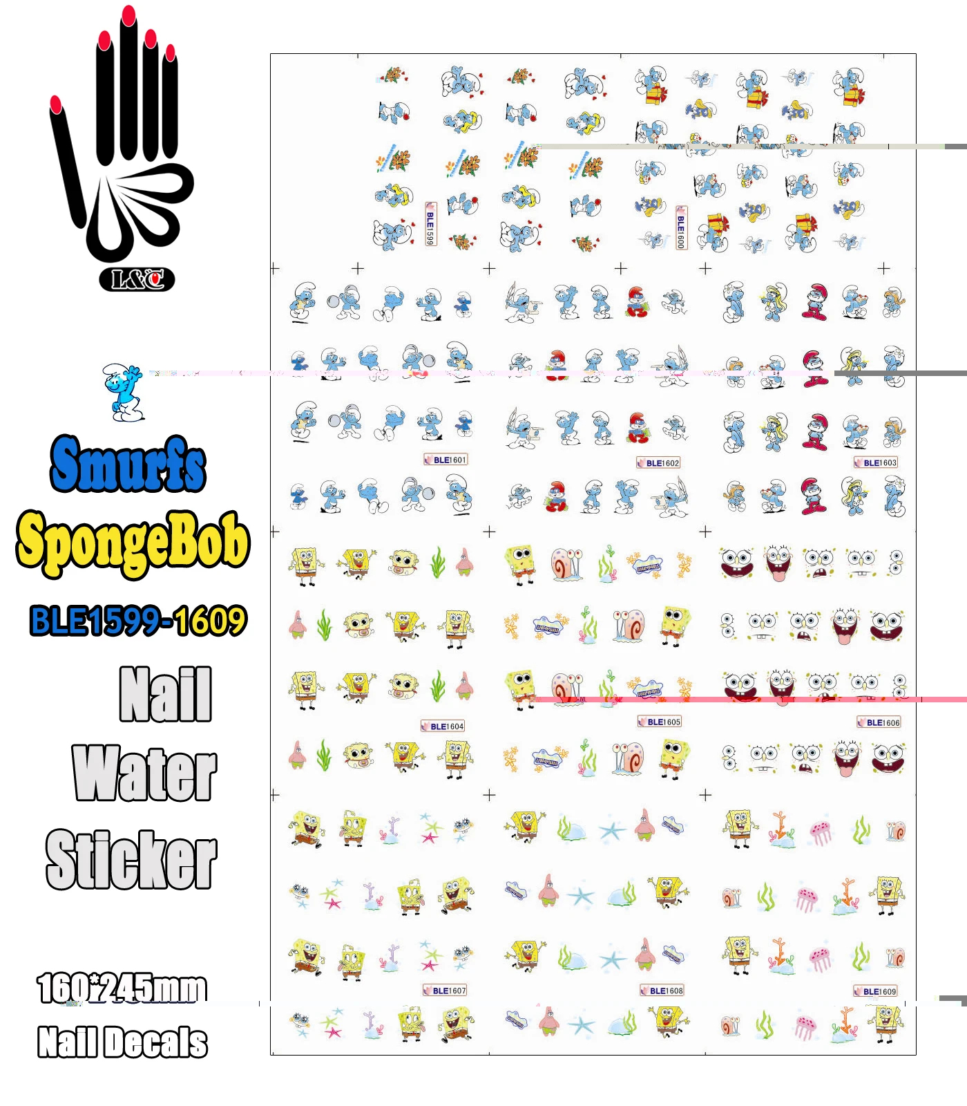 

11 Sheets/Lot Nail Sticker BLE1599-1609 Carton Spirit SpongeBob Nail Sticker Water Transfer Decal(11 DESIGNS IN 1)