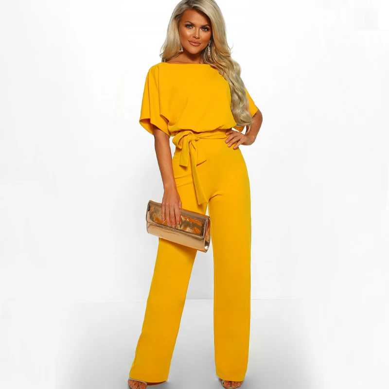 

New 2019 Office Ladies Elegant Jumpsuit Long Pants Yellow Red Blue Formal Jumpsuit Women Club Party Overalls Female Rompers
