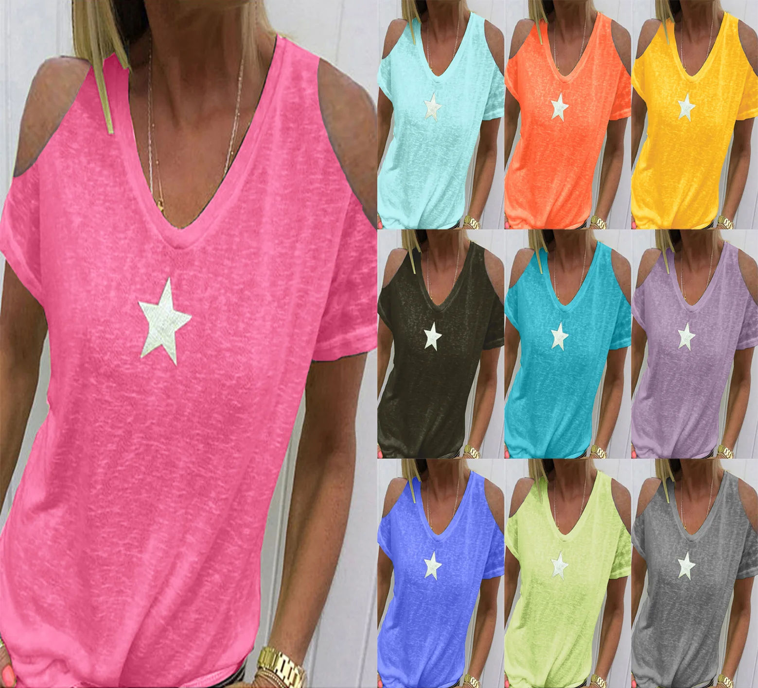

S-8XL Star Print Strapless T-shirts Women Fashion Loose V Neck T shirts 2019 Summer Casual Tee Oversized Female Clothing