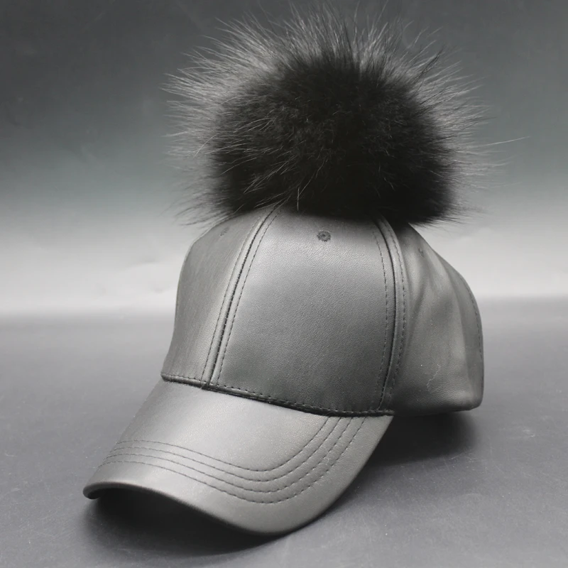 

2019 Spring Winter Fur Pompom Hat Hip Hop Cap PU Leather Baseball Caps For Women Pompon Snapback Caps