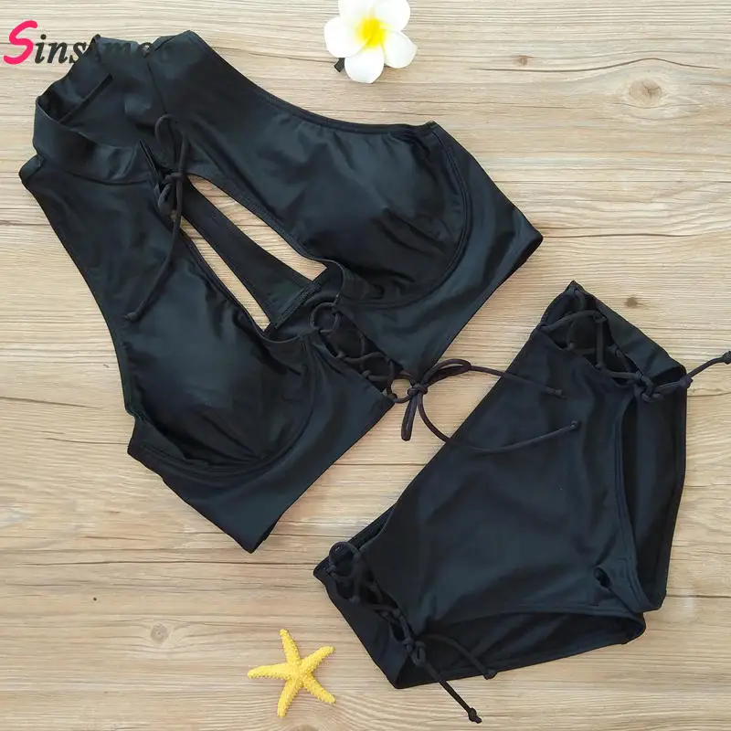 Купальник бикини с вырезом черный бандажный купальник высоким горлом|beachwear