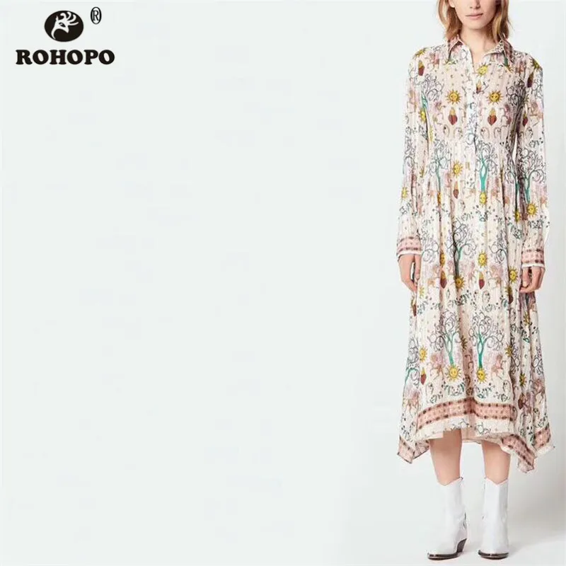 

ROHOPO Women Long Sleeve Floral Vintage Tunic Midi Dress Top Buttons Animals Pleated White Retro Maxi Dress #LT1758