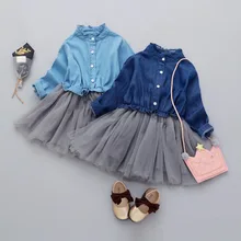 Платье для девочек; Новинка г.; весеннее платье принцессы; Сетчатое платье-пачка с длинными рукавами; ковбойские джинсы в стиле пэчворк; детская одежда для девочек; От 2 до 7 лет