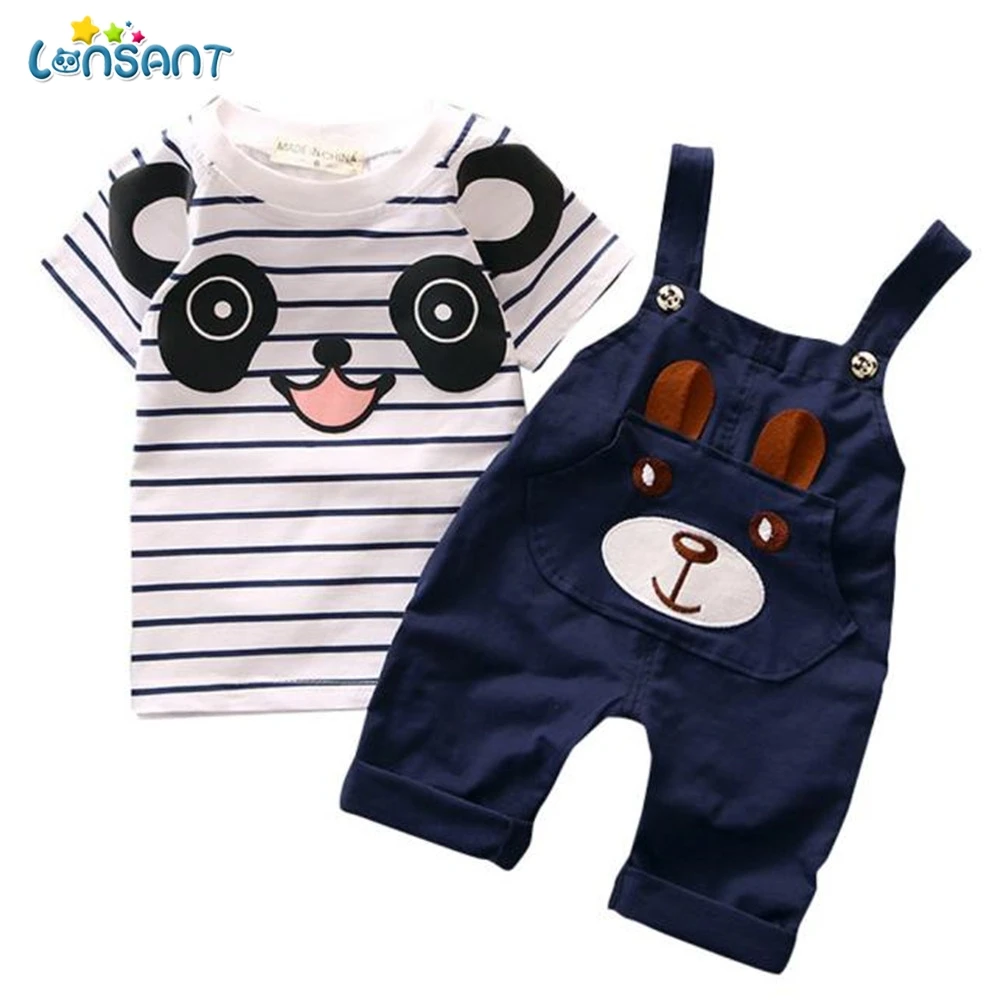 

LONSANT Hot Selling 2018 Summer Toddler Straps Set Baby Boy Little Bear Stripe Short-Sleeve Boys Clothing Set