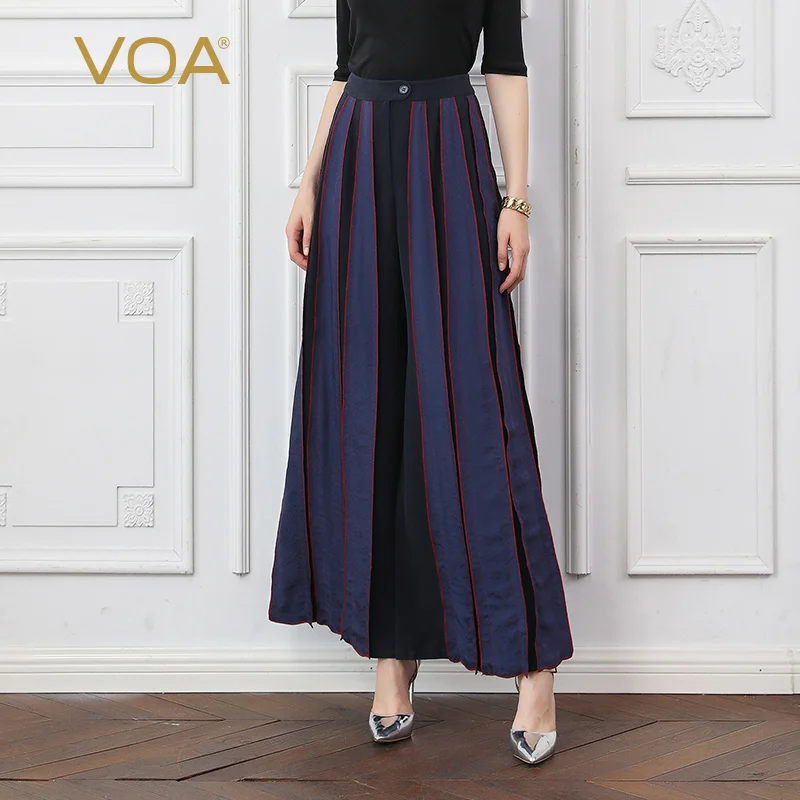 VOA тяжелый шелк полоски контрастного цвета Широкие штаны Для женщин осень длинные брюки Модные Высокая Талия Свободные Большой Размеры