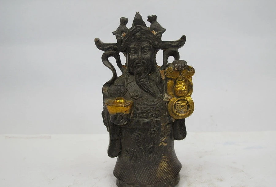 

13.5 CM China Bronze Gild Legend control Money Dragon wealth God Buddha Statue a 0518