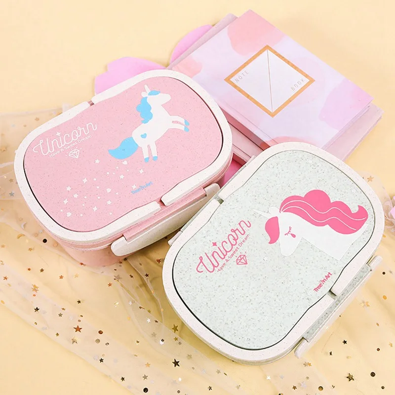 

Student Lunch Box for Kid Eco-Friendly Food Container Storage Bento Boxes 2 Layer Handle Broodtromme Unicorn