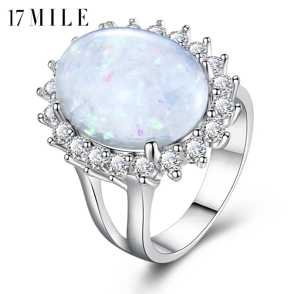 

17MILE Fashion Big Natural Opal Stone Rings For Women Crystal Silver Color Hollow Ring Female Vintage Party Jewelry New Design