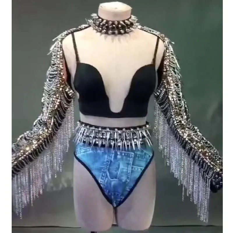 

Sparkly black Rhinestones rivet Dress Sexy Stage Wear Chains Design Punk Bikini set Costume Female Singer Performance Outfit