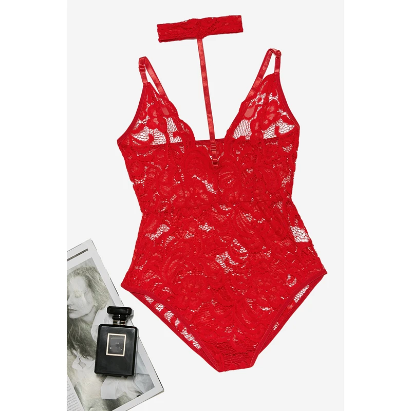 Elegant Floral Red Lace Bodysuit Backless Deep V Neck Sexy Bodycon