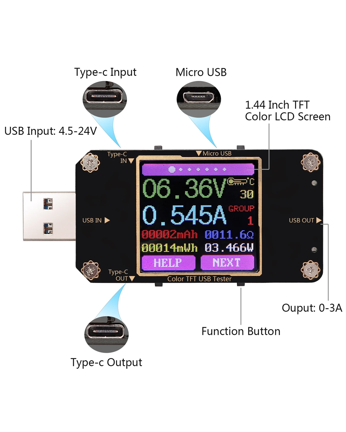 NEW Digital Color LCD Multimeter Bluetooth USB PD Battery Capacity Meter Tester