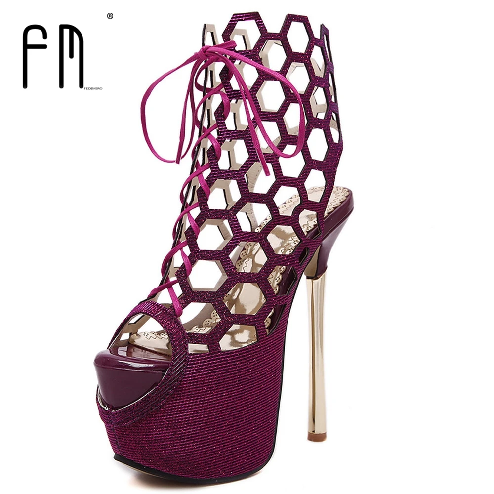 

Lady Summer High Heel Shoes women Hollow Peep Toe Summer shoes Lace-up 16.5 CM High Waterproof Pumps