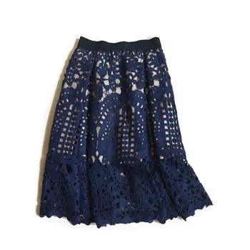 

New Elegant High Waist Skirts Womens Faldas Fashion Sexy Hollow Lace Skirt Jupe Knee Length Saia Ladies Midi Pleated Skirt C3964