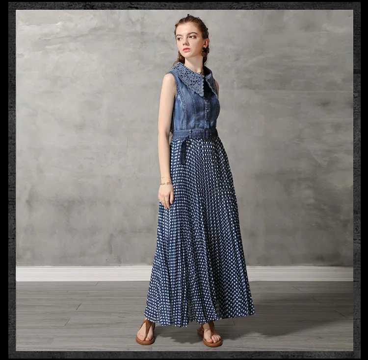 Vintage Summer Long Dress Women Sleeveless Turn Down Collar Blue Dot Patchwork Chiffon Denim Dresses W/ Belt