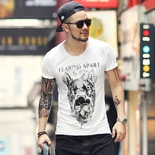 Летние черные Для мужчин с принтом черепа Изделие из хлопка с короткими рукавами Повседневное O Шея тонкая футболка метросексуал Для мужчин Мода готический Стиль футболки T356