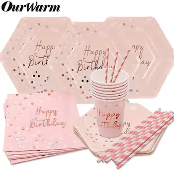 

OurWarm Happy Birthday Disposable Party Tableware Pink Paper Cups Plates Napkin s Kids Birthday Party Supplies