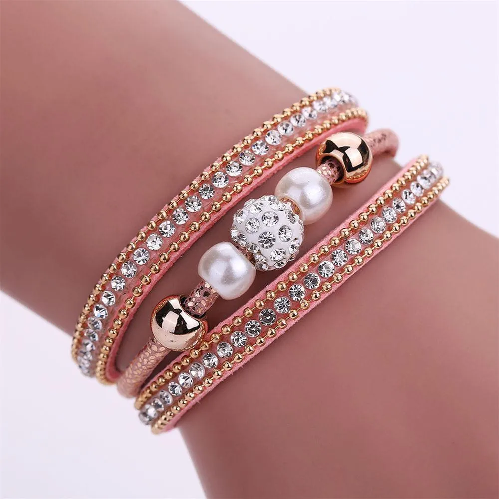 

Women Multilayer Bangle Bracelet Crystal Beaded Leather Magnetic Wristband women's bracelets for women pulseras mujer D40