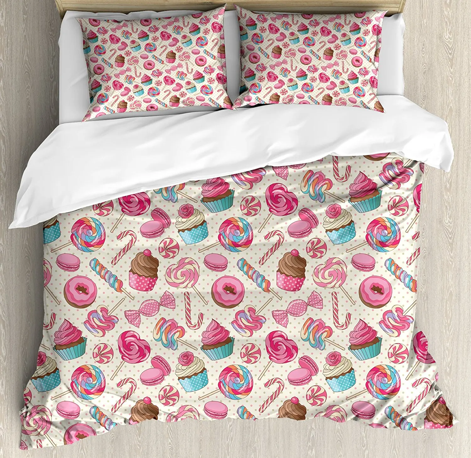 

Candy Cane Duvet Cover Set Sweet Lollipop Candy Macaroon Cupcake and Donut on Polka Dots Pattern, 4 Piece Bedding Set