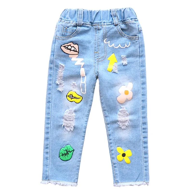 

Summer Children Girls Pants Cartoon Print Ripped Jeans Trousers Kids Casual Baby Denim Pants New
