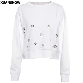 

XUANSHOW 2018 Women's Hoodies Sweatshirts Autumn Ring Hollow Loose Cotton Long Sleeve Pullovers Lady Tops Clothing Moletom