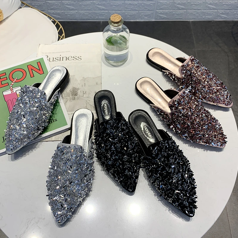 Блестящие туфли с закрытым носком, украшенные кристаллами; feminina; удобные туфли Без каблука; лоферы; женская брендовая обувь в Корейском стиле; pantuflas mujer; шлепанцы