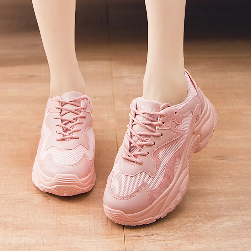

Women's Chunky Sneakers 2019 Fashion Women Platform Shoes Lace Up Pink Vulcanize Shoes Womens Female Trainers Dad Shoes