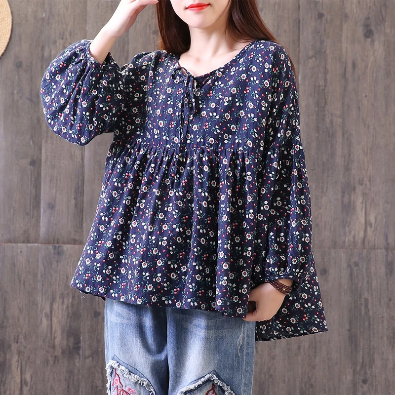 Beste ZANZEA Retro Boho Gedrukt Katoen Linnen Shirt 2018 Lente Mode Casual O Hals Lace Up Lange Lantaarn Mouwen Geplooide Losse Blouse