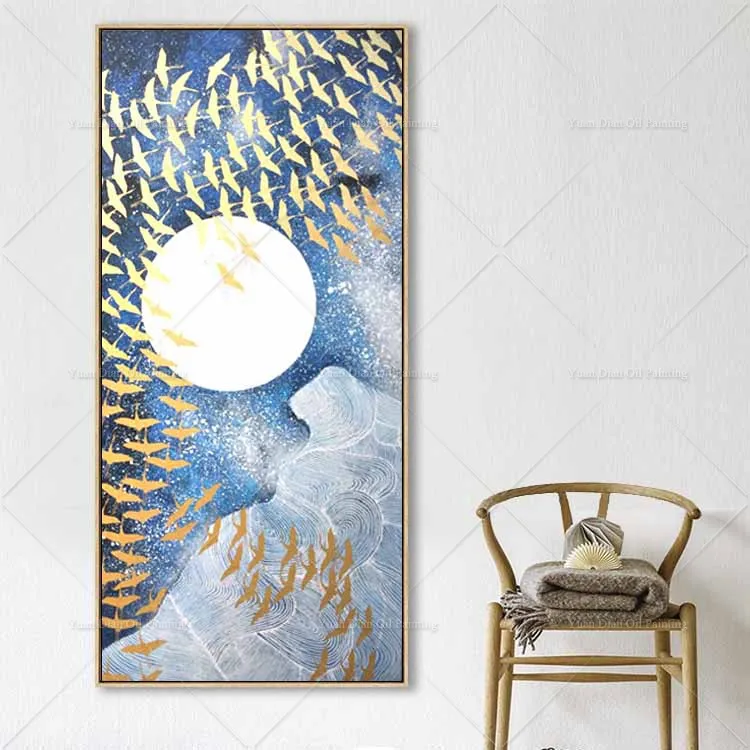 

Gold Bird Flying Blue SKY Oil Painting Landscape Gold Abstract 100% Hand Painted Furnishing Restaurant Oil Painting On Canvas