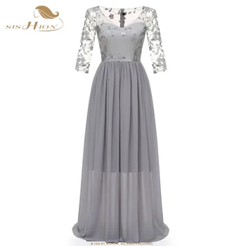 

SISHION Elegant Long Chiffon Dress Autumn 3/4 Sleeve Lace Embroidery Wine Red Apricot Grey Sexy Night Party Dresses VD0897