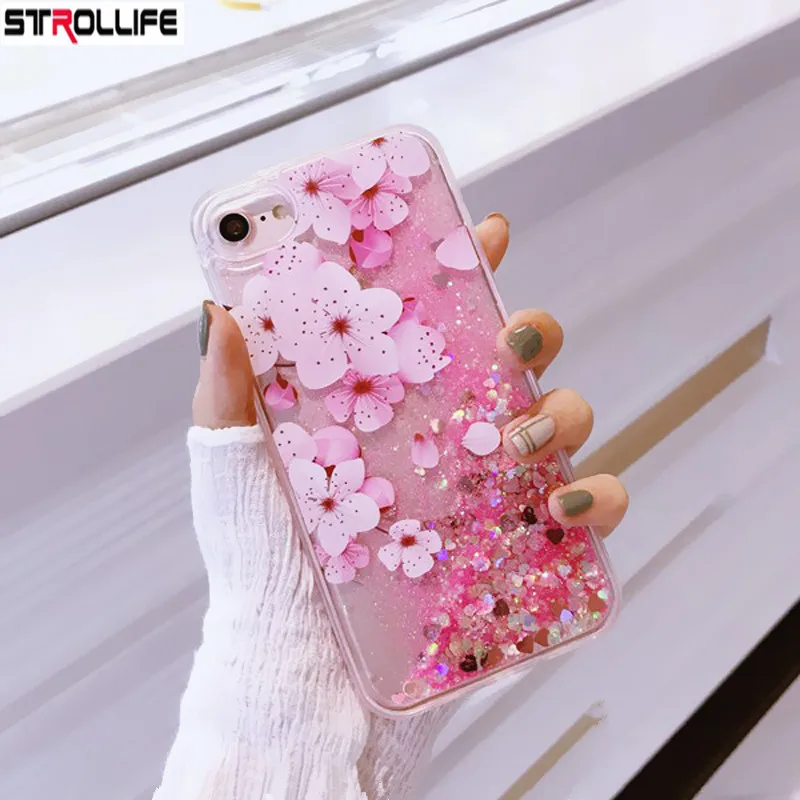

STROLLIFE Phone Cases For iPhone 7 7Plus 6 6s 8 8Plus Flowers Dynamic Liquid Quicksand Love Heart Glitter Clear Cover Capa Shell
