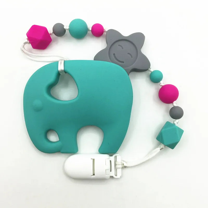 BPA FREE Silicone teething Pacifier Clips with large elephant Teether Silicone Bead Clip Holder
