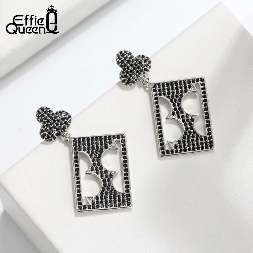 

Effie Queen Poker Pattern Black Club Earrings For Women With AAA Cubic Zircon Big Drop Earrings Flower Jewelry Kolczyki DE233