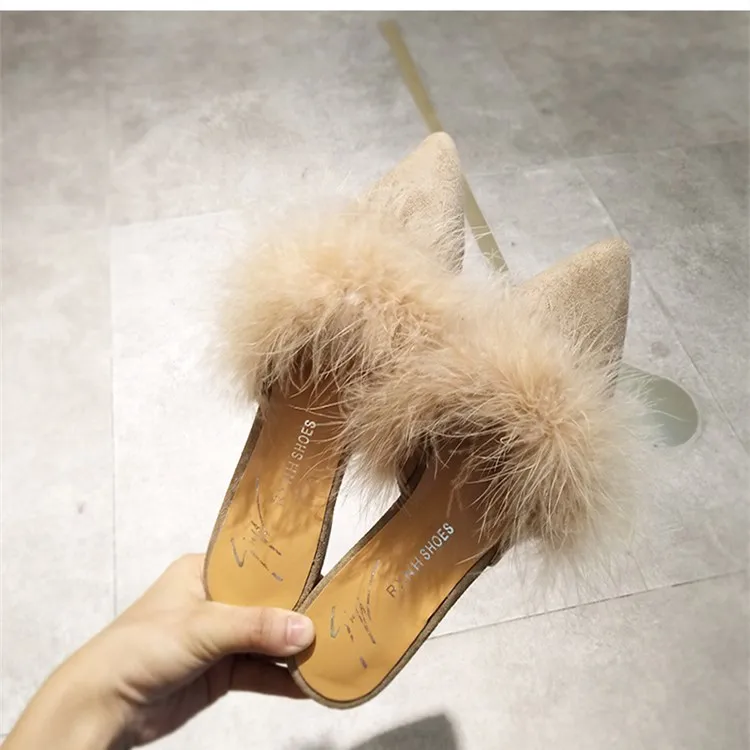 SLHJC Women Fur Slippers Flat Heel Pointy Toe Autumn New Arrival Casual Mules Outside Casual Cozy Flats Slides