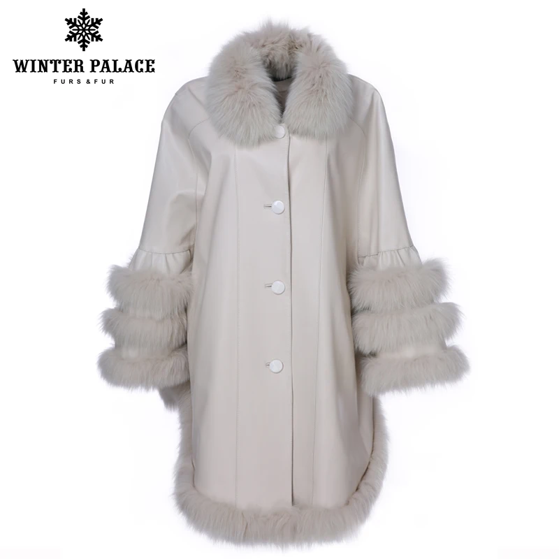 

Leather jacket made of genuine leather. Autumn-Spring. Model-bat with a collar of fox fur Poncho for women sleeve three quarters