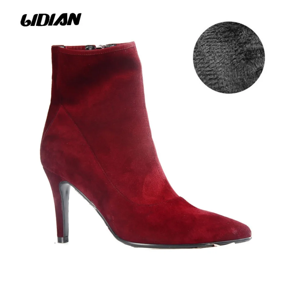 

LIDIAN 2018 Wine Red Stretch fabric Women Ankle Boots Lady shoes Kid suede Pointed toe woman dress shoes B39