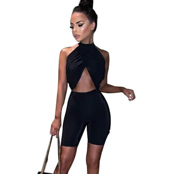 

Sexy Black Two Piece Sets Women Halter Sleeveless Top and Shorts Set Stretch Night Club 2 PCS Matching Set Outfits Drop Shipping