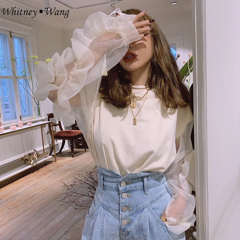 

WHITNEY WANG 2019 Autumn Fashion Streetwear 3D Florals Mesh Patchwork Sweater Women Stylish Jumper Pullover pull femme