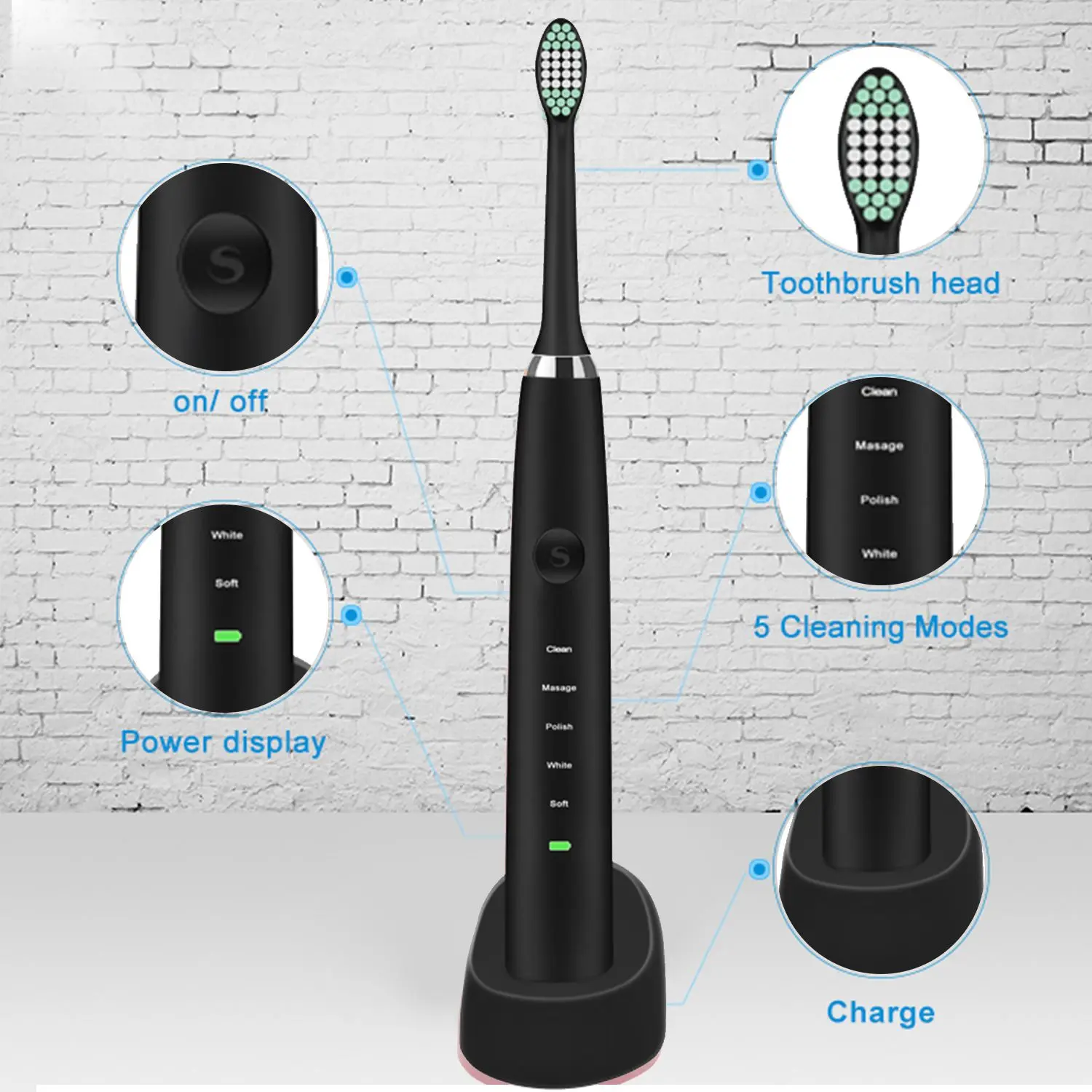 HOT-USB перезаряжаемая электрическая зубная щетка, Sonic Вибрационный электрическая зубная щетка, IPX7 Водонепроницаемый Электрический