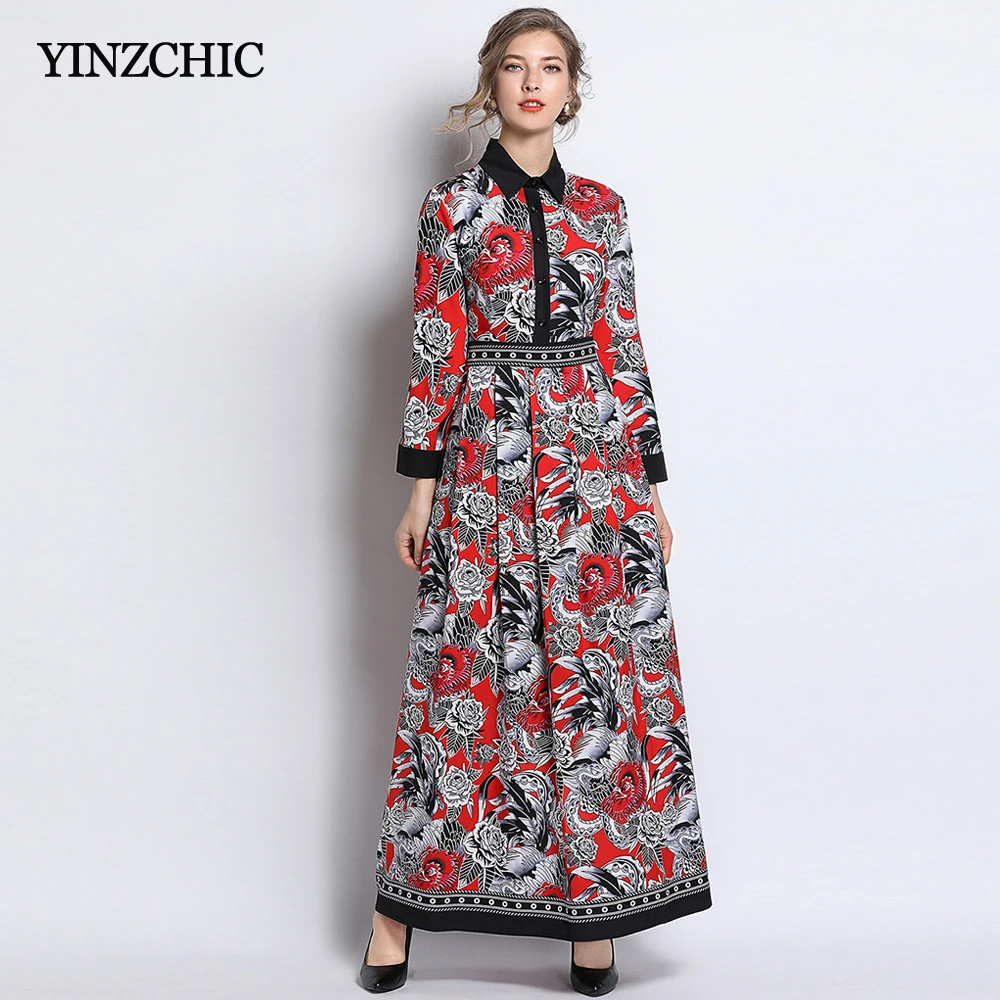 Euro Style Womans Printed Long Dress Female Vintage Maxi Dress OL Party ...