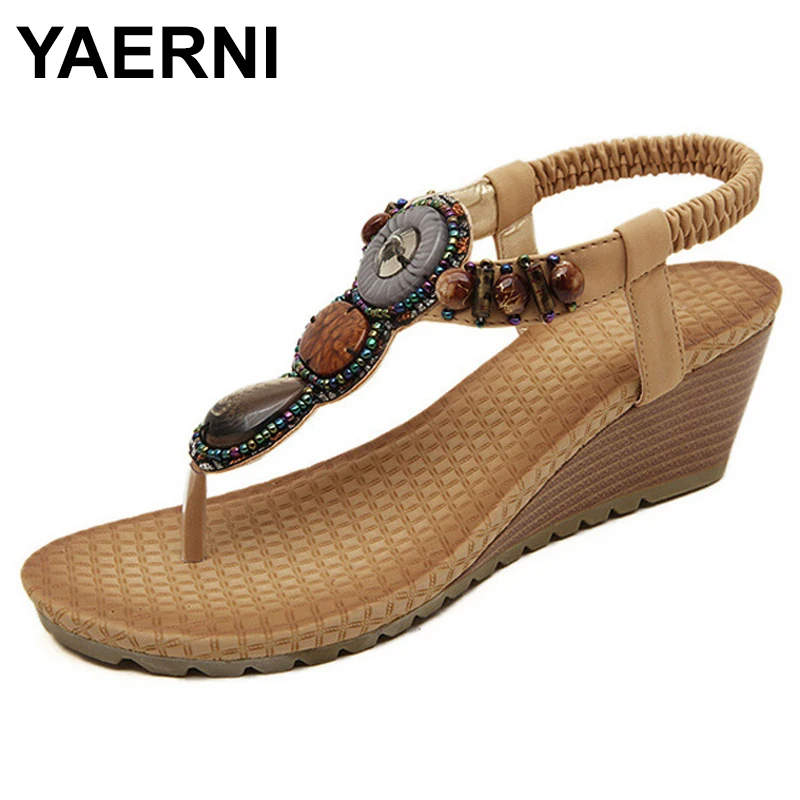 YAERNIWomenShoes الصنادل SummerBohemia أسافين النساء الصنادل HighHeels امرأة فليبفلوبس خمر أحذية الشاطئ الراحة SandaliasMujer